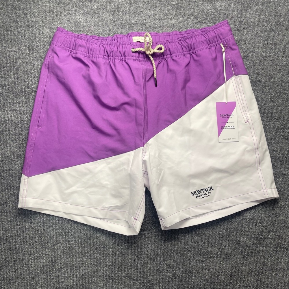 Fair Harbor x Montauk Brewing Co Bayberry Swim Trunks Purple White Mens XL NEW